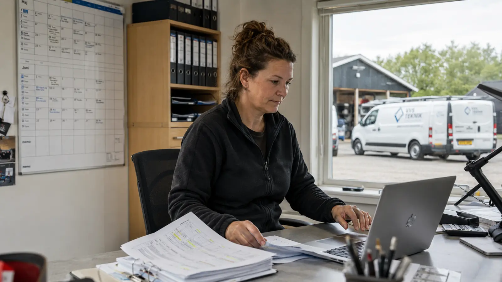 Kontormedarbejder gennemgår arbejdstimer og administration på laptop